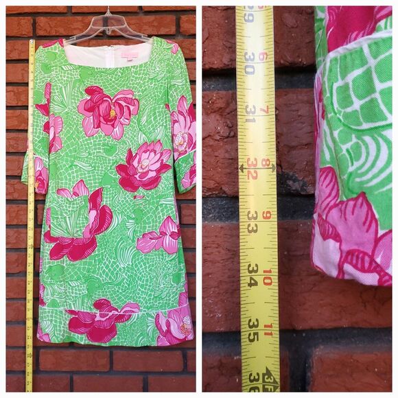 Lilly Pulitzer Dress Size 2 Green Pink Koi Fish Lotus Blossom Flower Shift - Picture 10 of 11